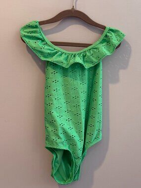 Girls Bathing Suit - Kelly Green - Eyelet with ruffles - Size 5